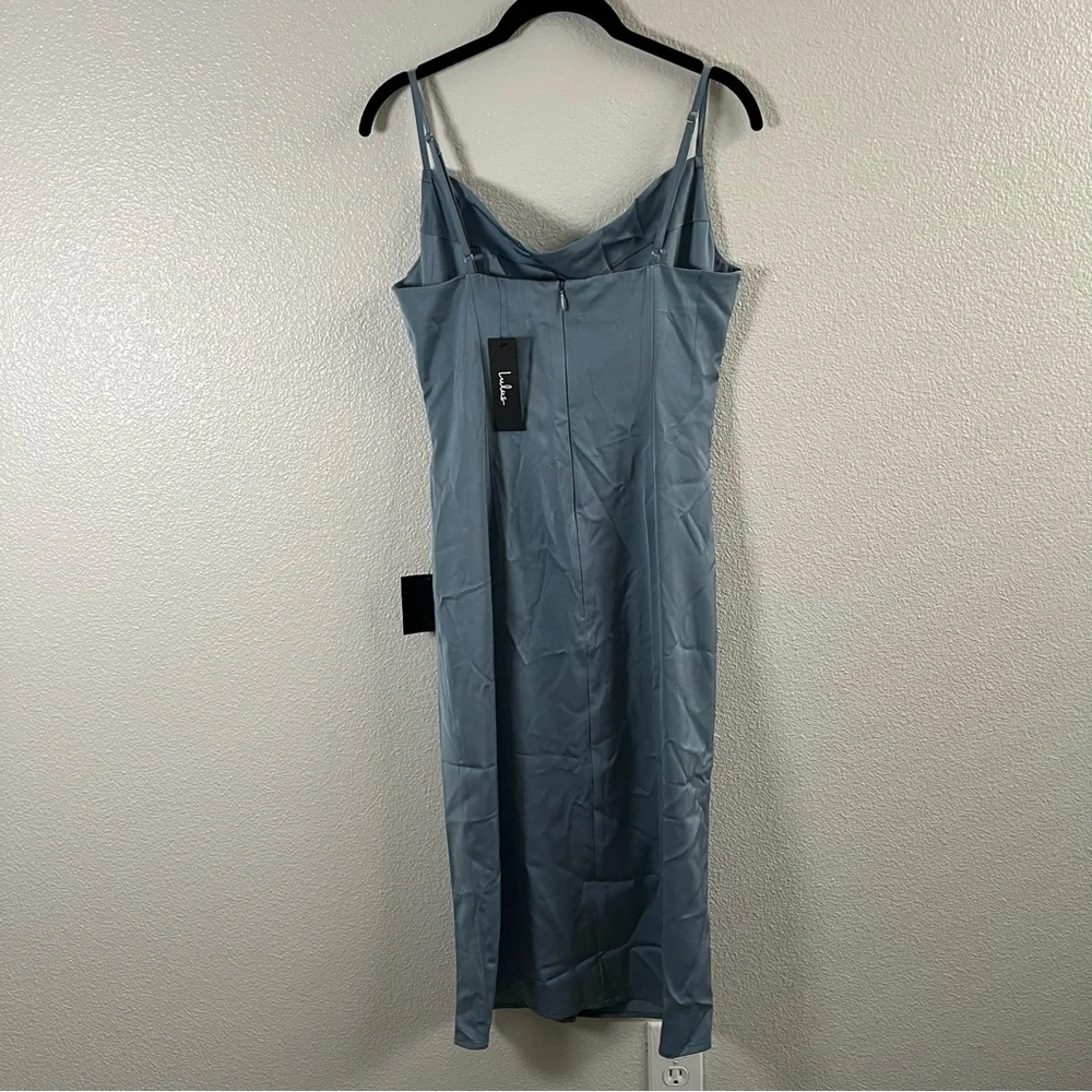 NWT Lulus Hollywood Woman Dusty Blue Satin Midi Dress MD - Picture 7 of 9
